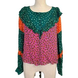 Farm Rio x Anthropologie Ruffle Blouse Multicolor‎ Animal Print Boho Top Small